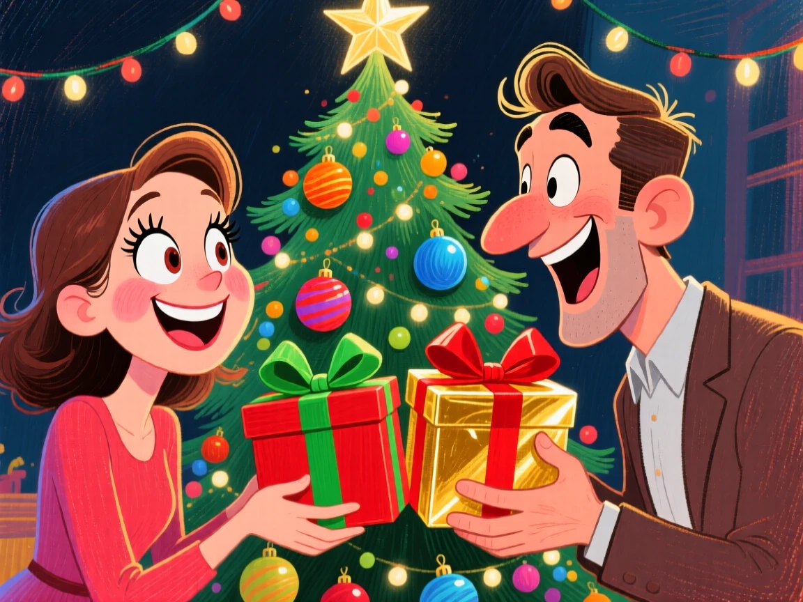 A couple exchanging gifts under a beautifully decorated Christmas tree.