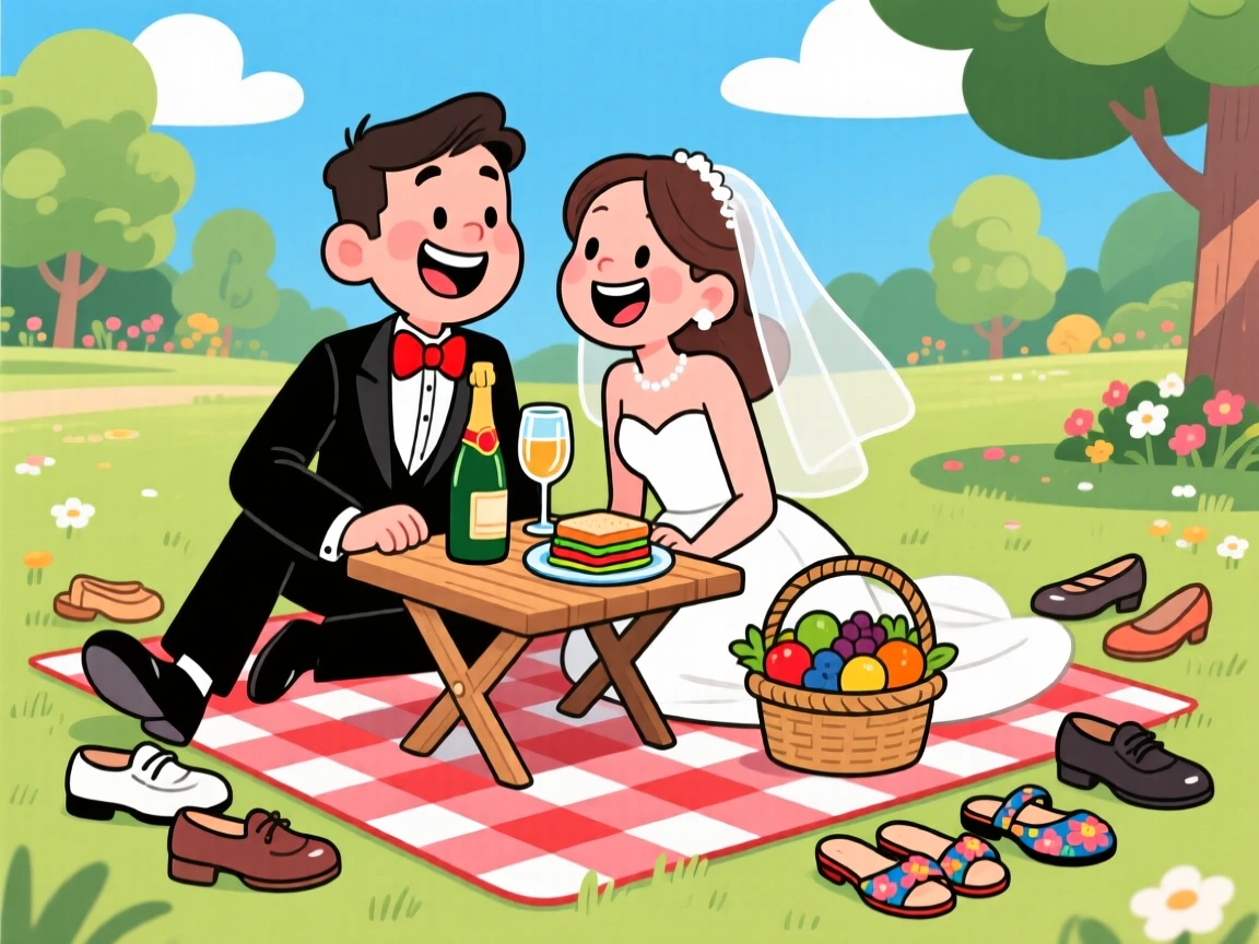 A heartwarming scene of newlyweds having a picnic in the park with a wobbly tablecloth, with everyone's shoes kicked off by the door.