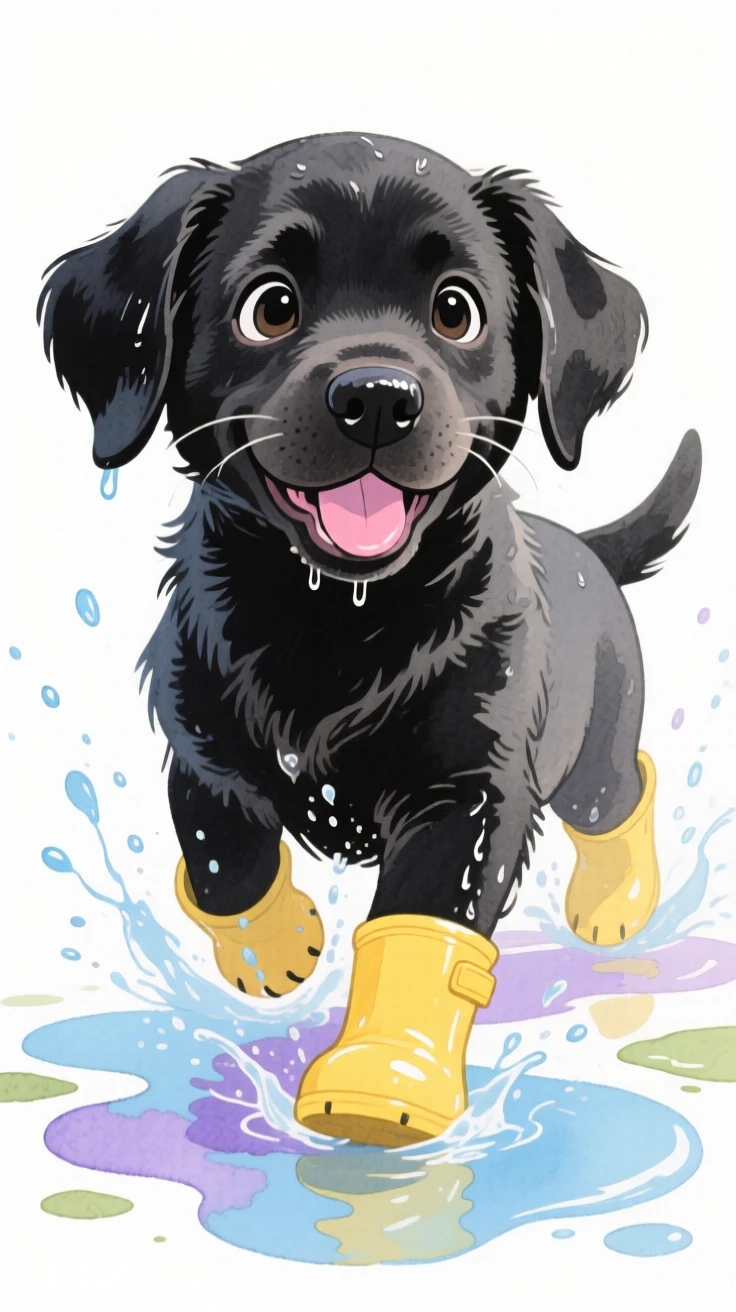 A black lab puppy wearing tiny rain boots and splashing in puddles