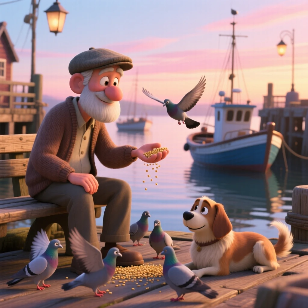 An elderly man feeding pigeons in a park is captured at a small fishing harbor at dawn, with a friendly dog resting nearby. A simple contentment radiates through the scene.