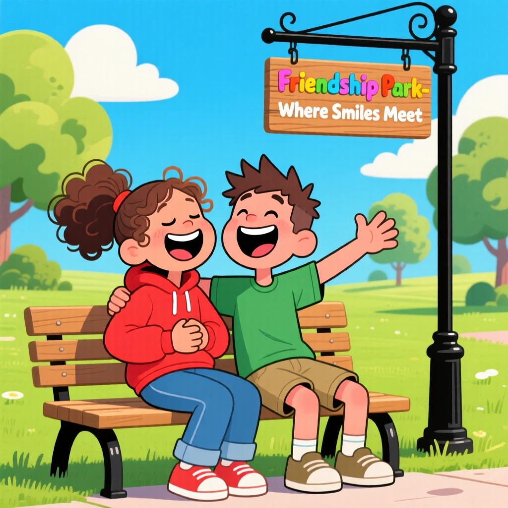 Two best friends laughing together on a park bench.