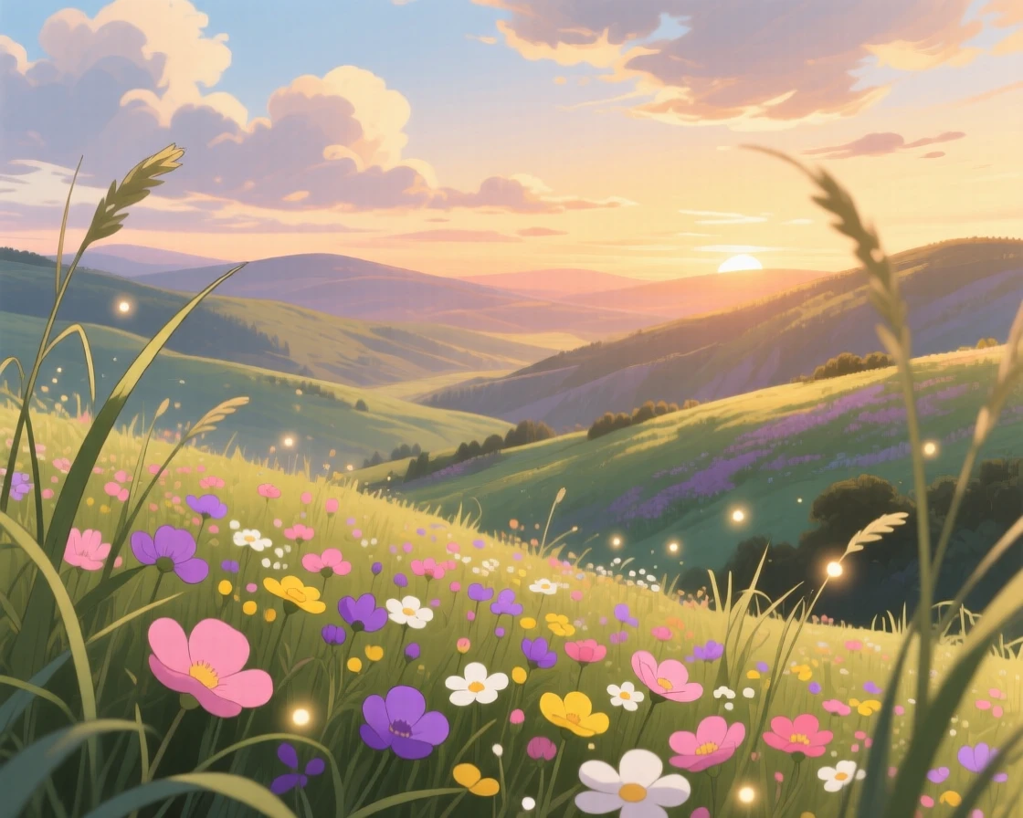 A quiet at dusk view of a sweeping valley carpeted in wildflowers, soft clouds casting slow-moving shadows across the land, seen through a gentle foreground of grass.