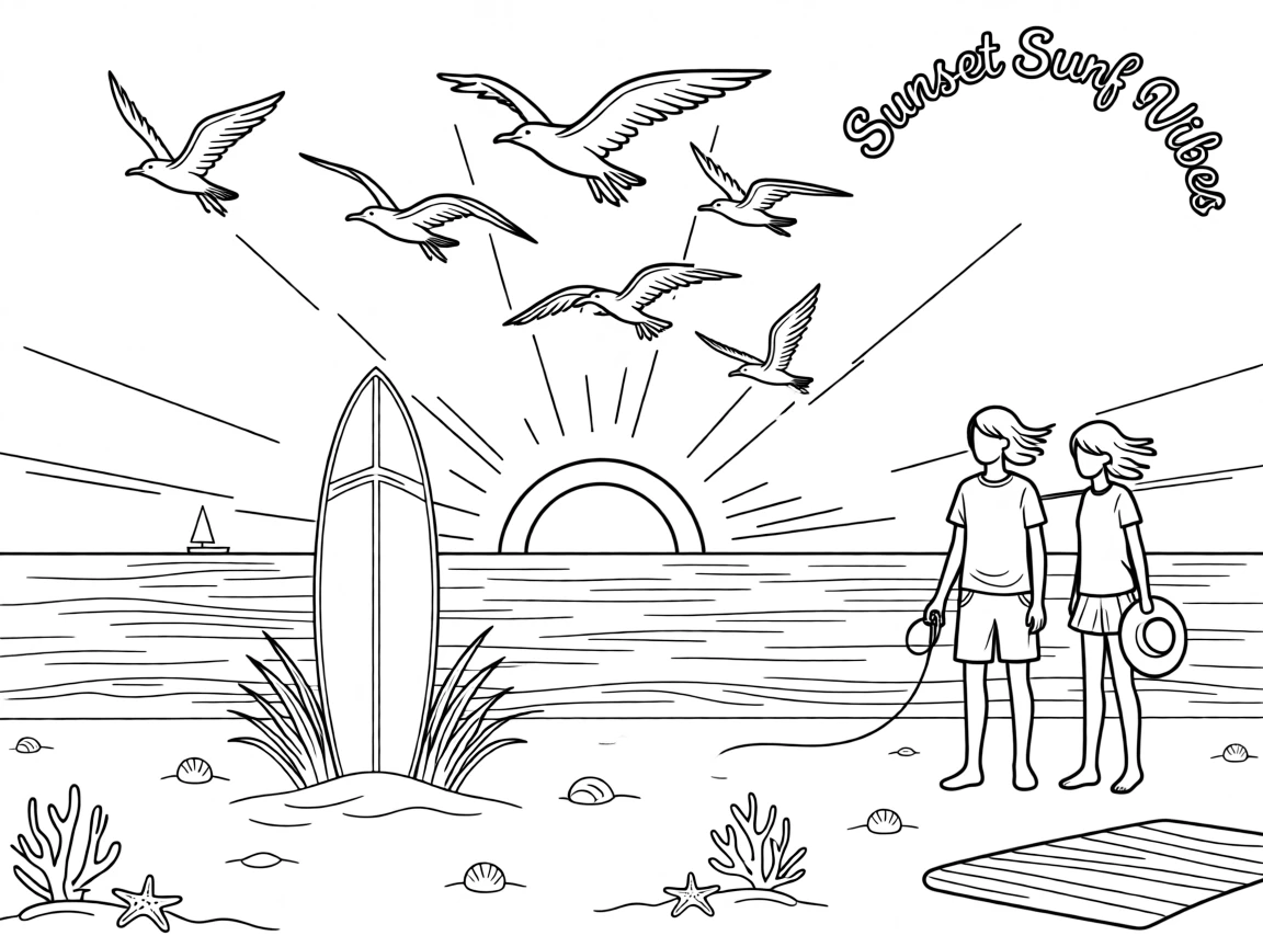 A surfboard stuck upright in golden sand at sunset, with seagulls circling overhead.