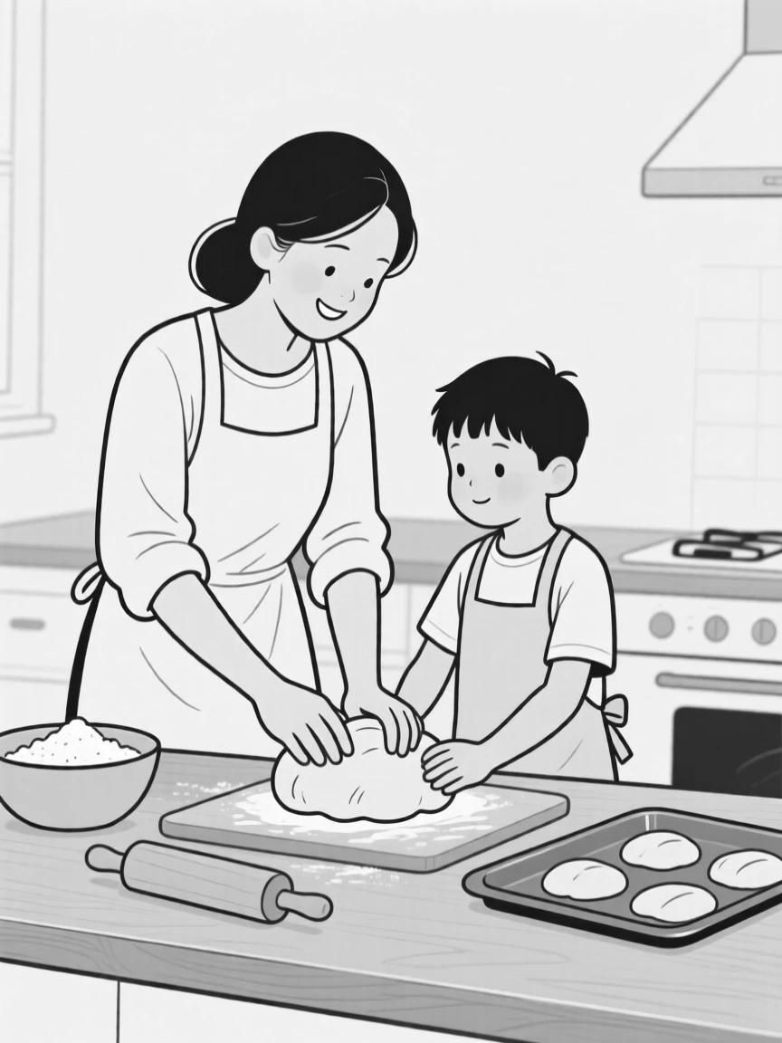 A mother teaching her son to bake bread