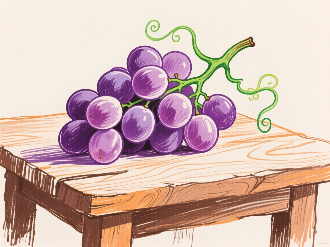 A cluster of ripe grapes on a rustic wooden table.