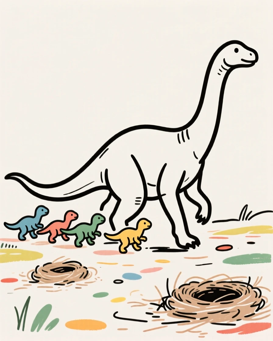 A group of baby dinosaurs following their mother across a nesting ground.