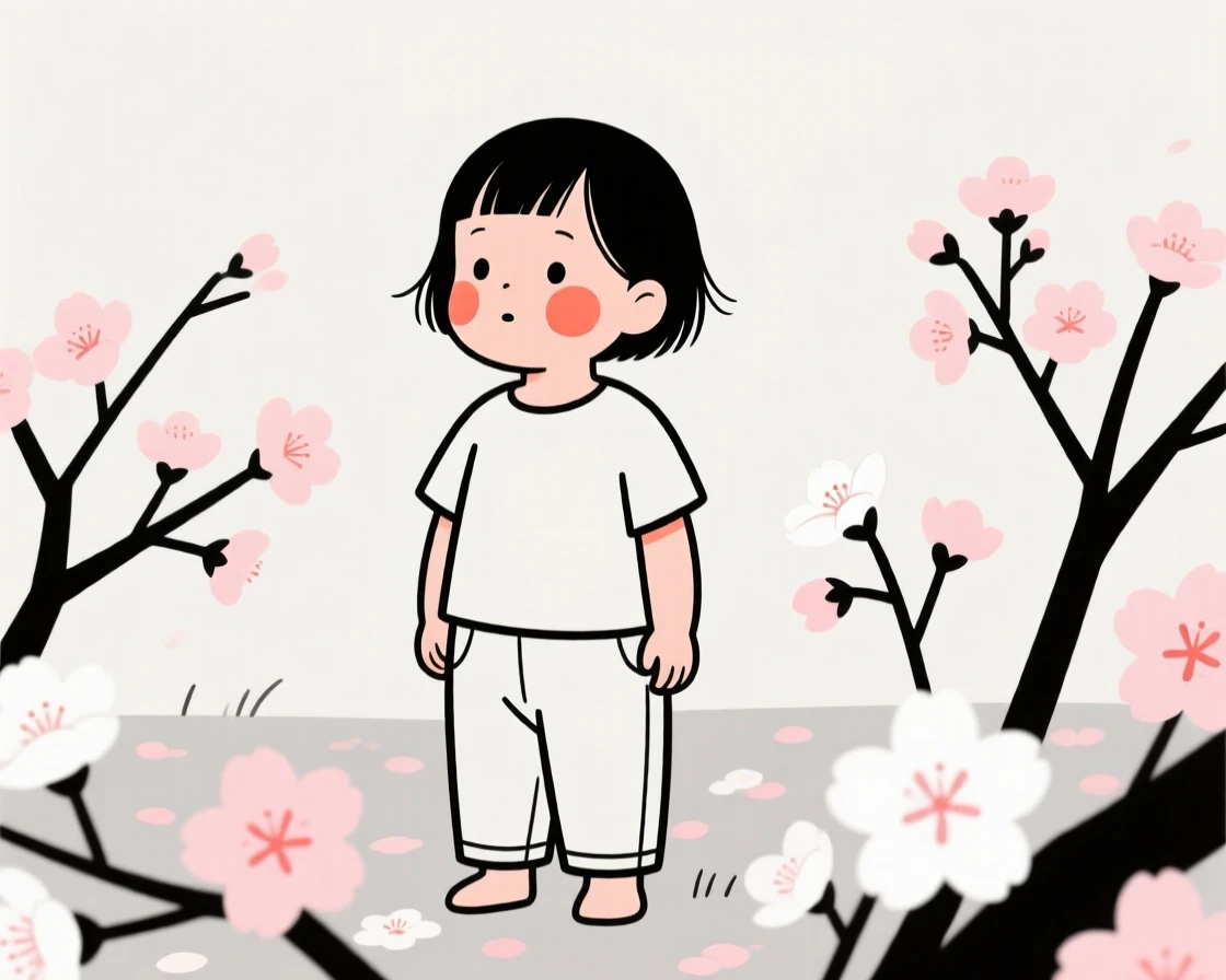 A two-year-old of Chinese heritage in a sleek minimalist outfit, full of curious wonder, in a blooming cherry blossom garden.