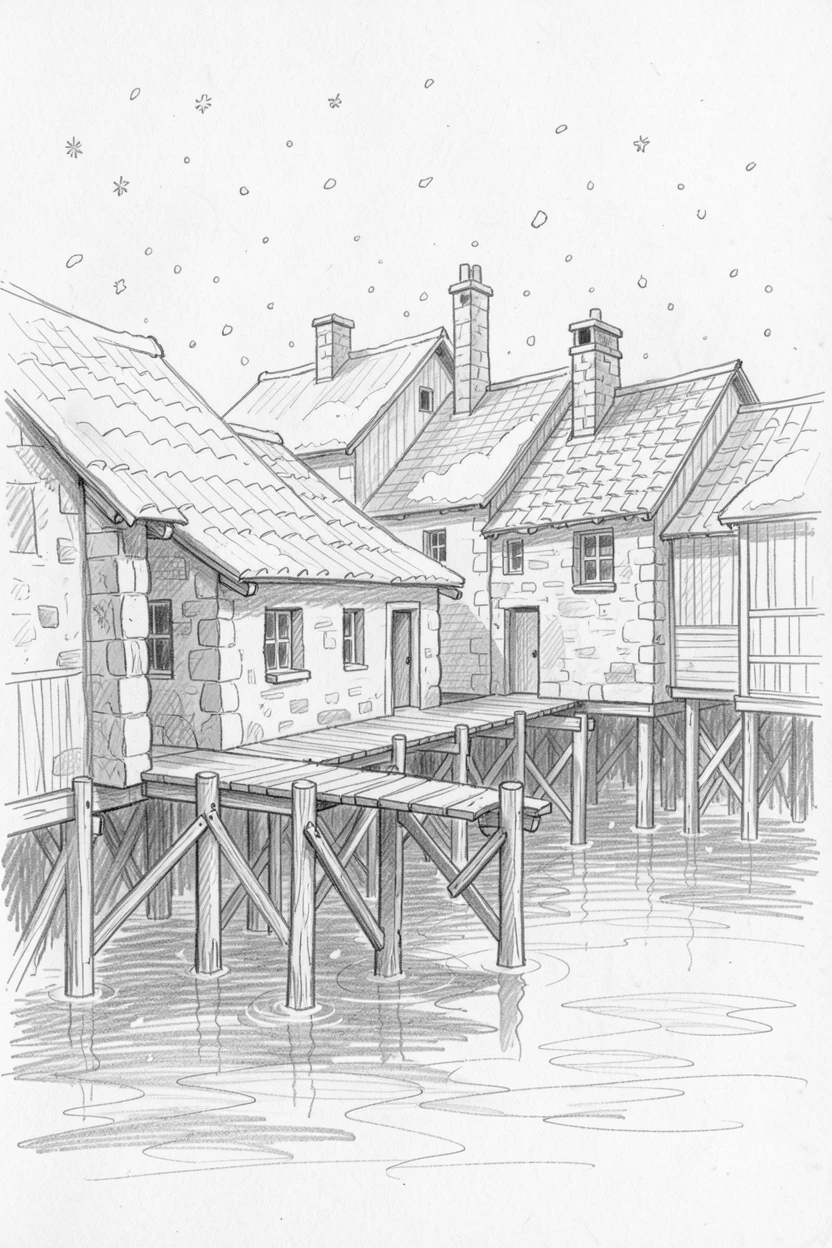 Sweeping architectural view of a floating village on stilts, in gentle falling snow, with centuries-old stonework weathered by time.
