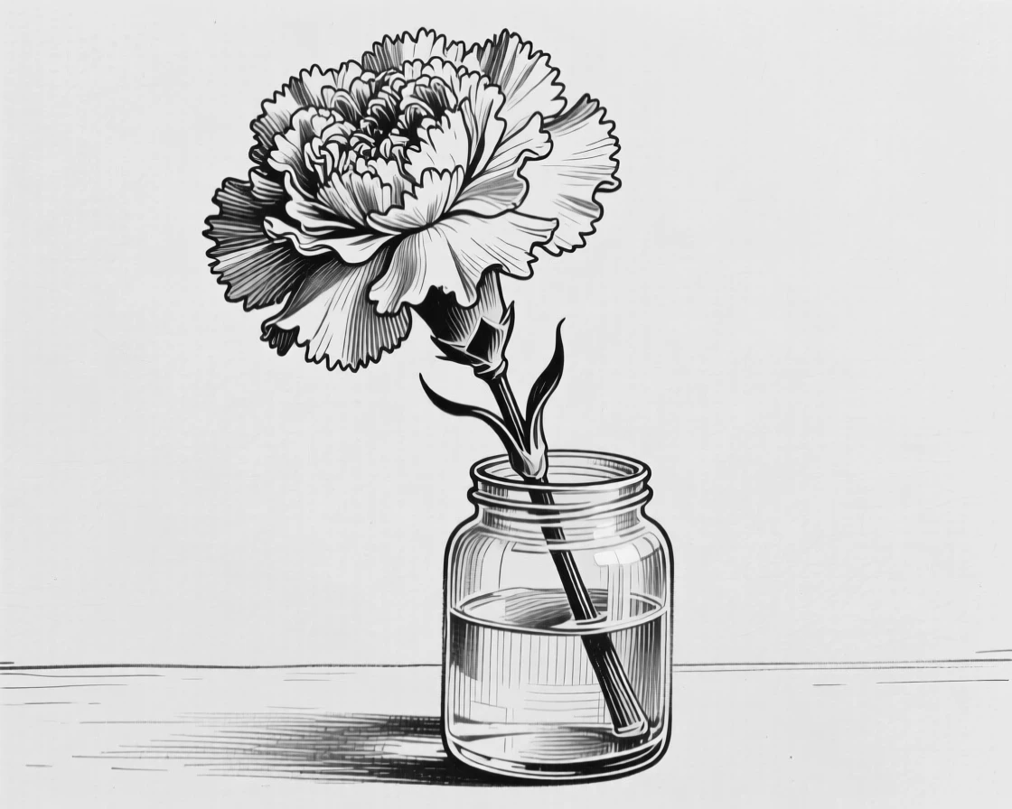A single carnation with ruffled petals resting in a small glass jar.