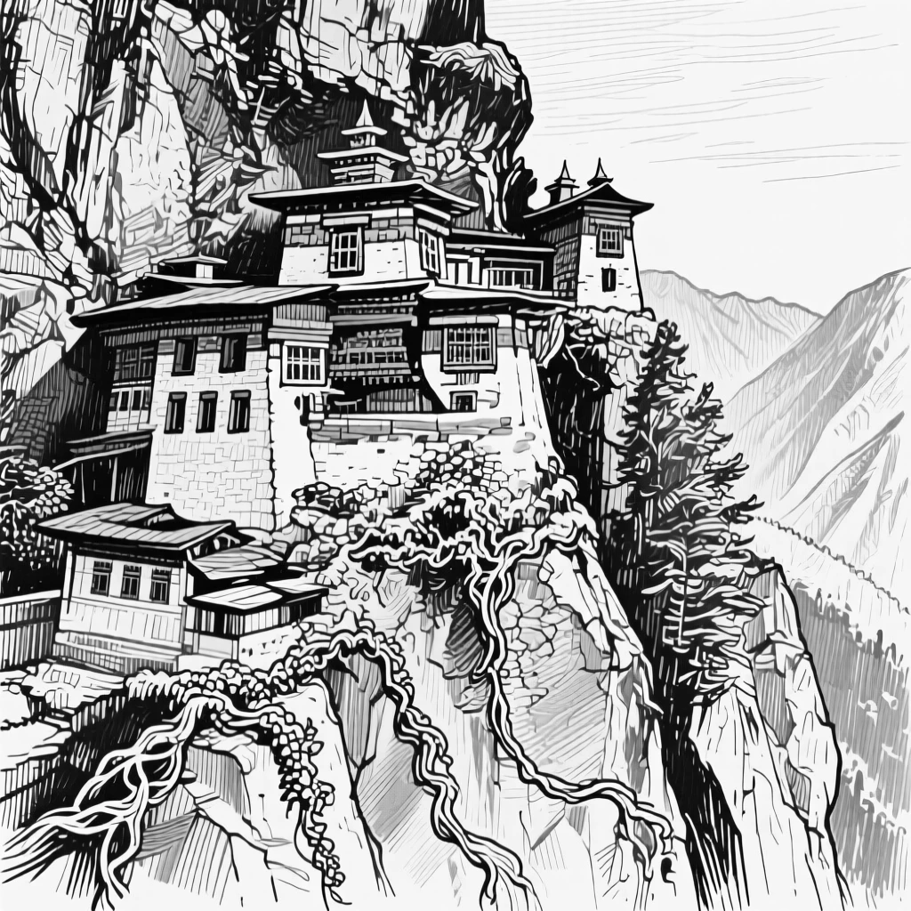A mountain monastery perched on a cliff bathed in soft afternoon light, featuring climbing vines softening the stonework, rendered in an elegant and serene architectural composition.