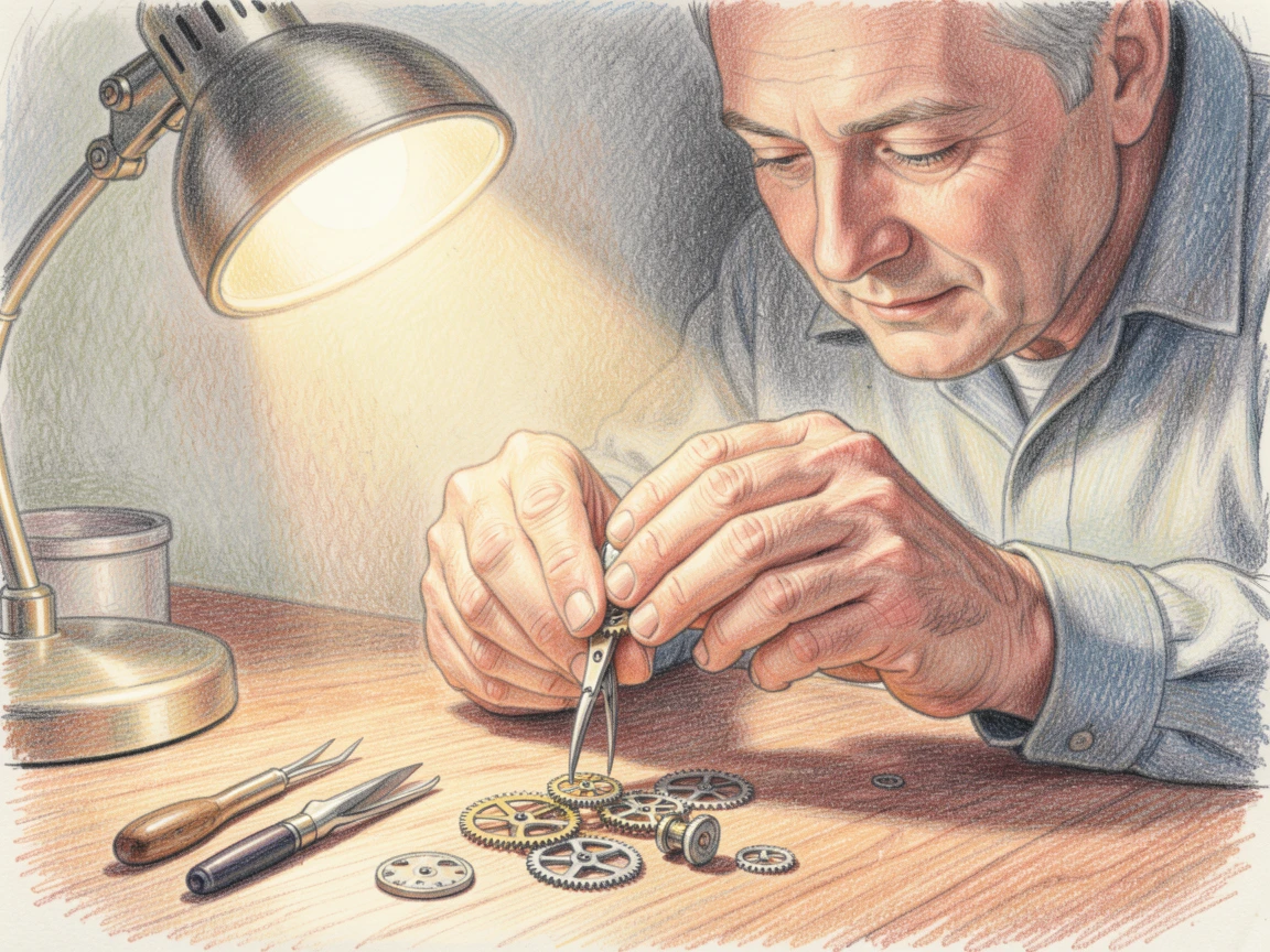 A watchmaker examining delicate gears under a bright lamp, with soft focus on the hands and careful details of the craft, evoking mindfulness, patience, and simple contentment.