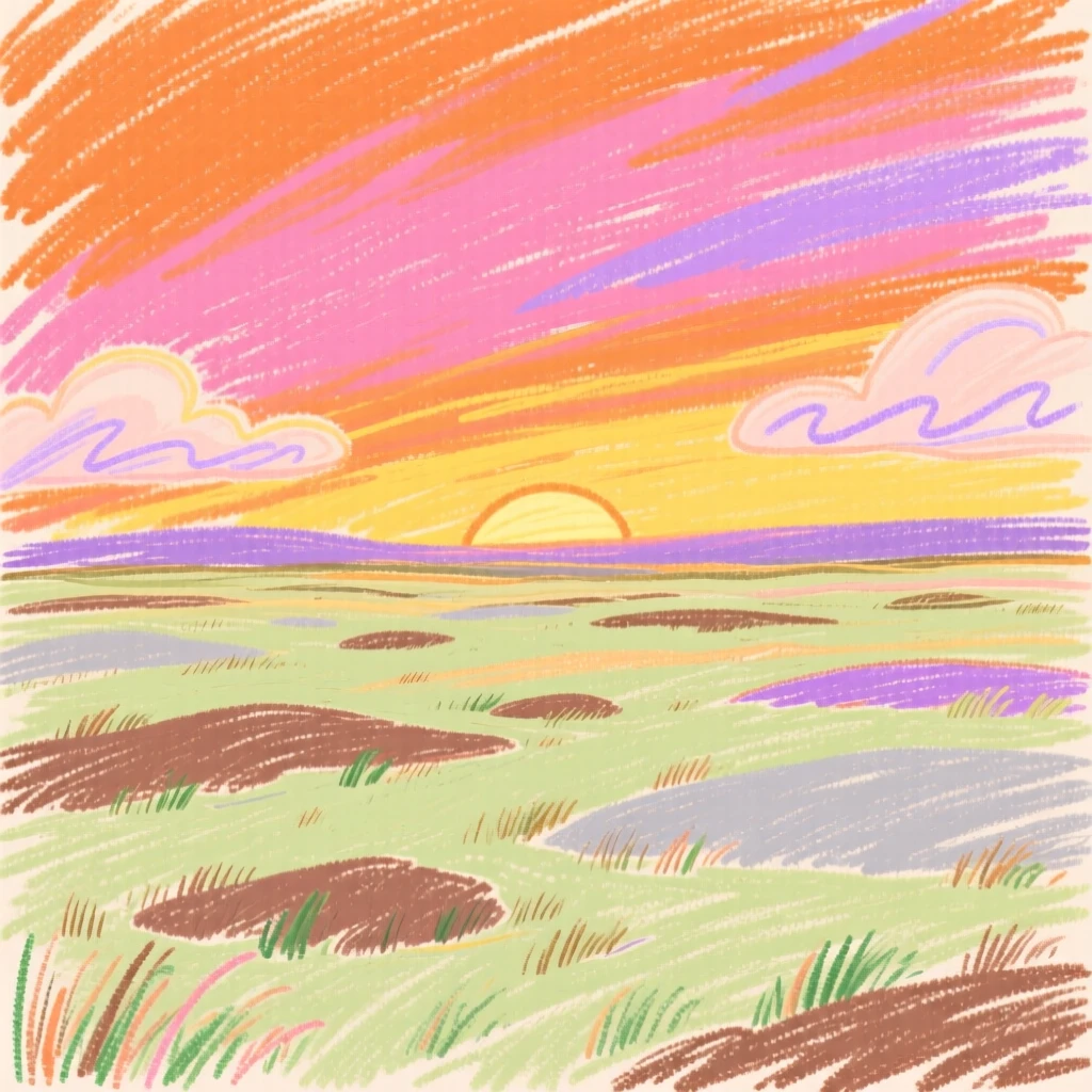 A view of a tundra plain reflecting the colors of a vivid sunset sky.