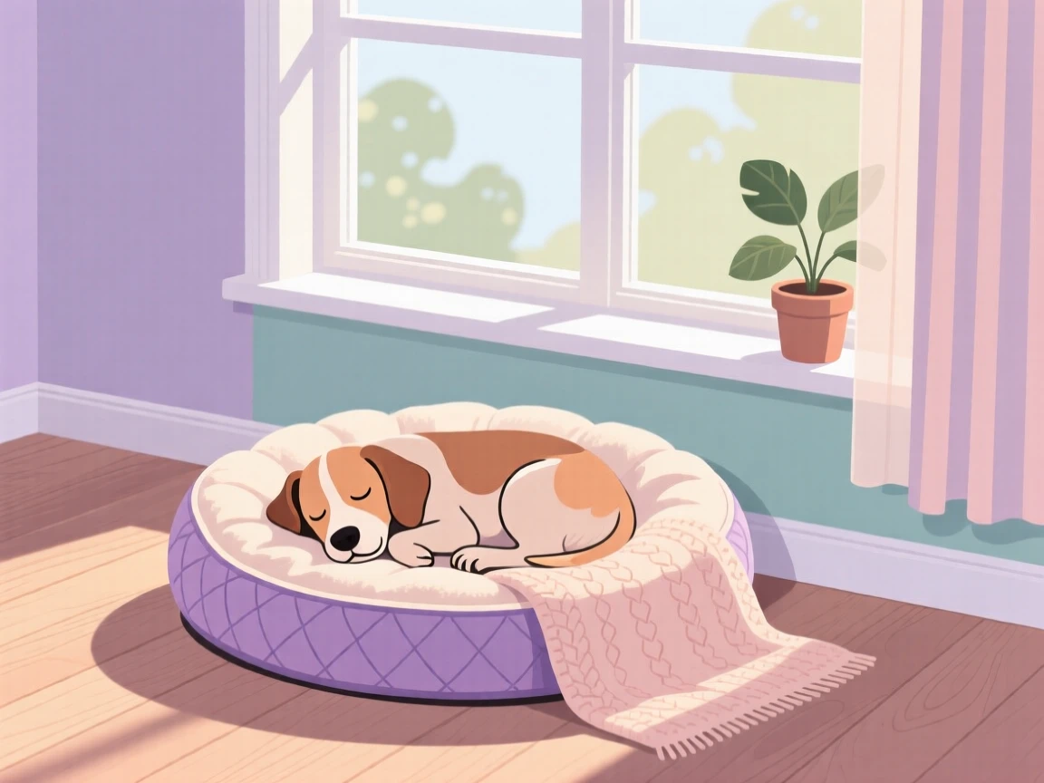 A cozy pet bed with a sleeping dog curled beside a window, set in a bright, sunlit room with soft natural light, arranged with layered textures creating visual interest, with gentle pastel tones evoking calm and comfort.
