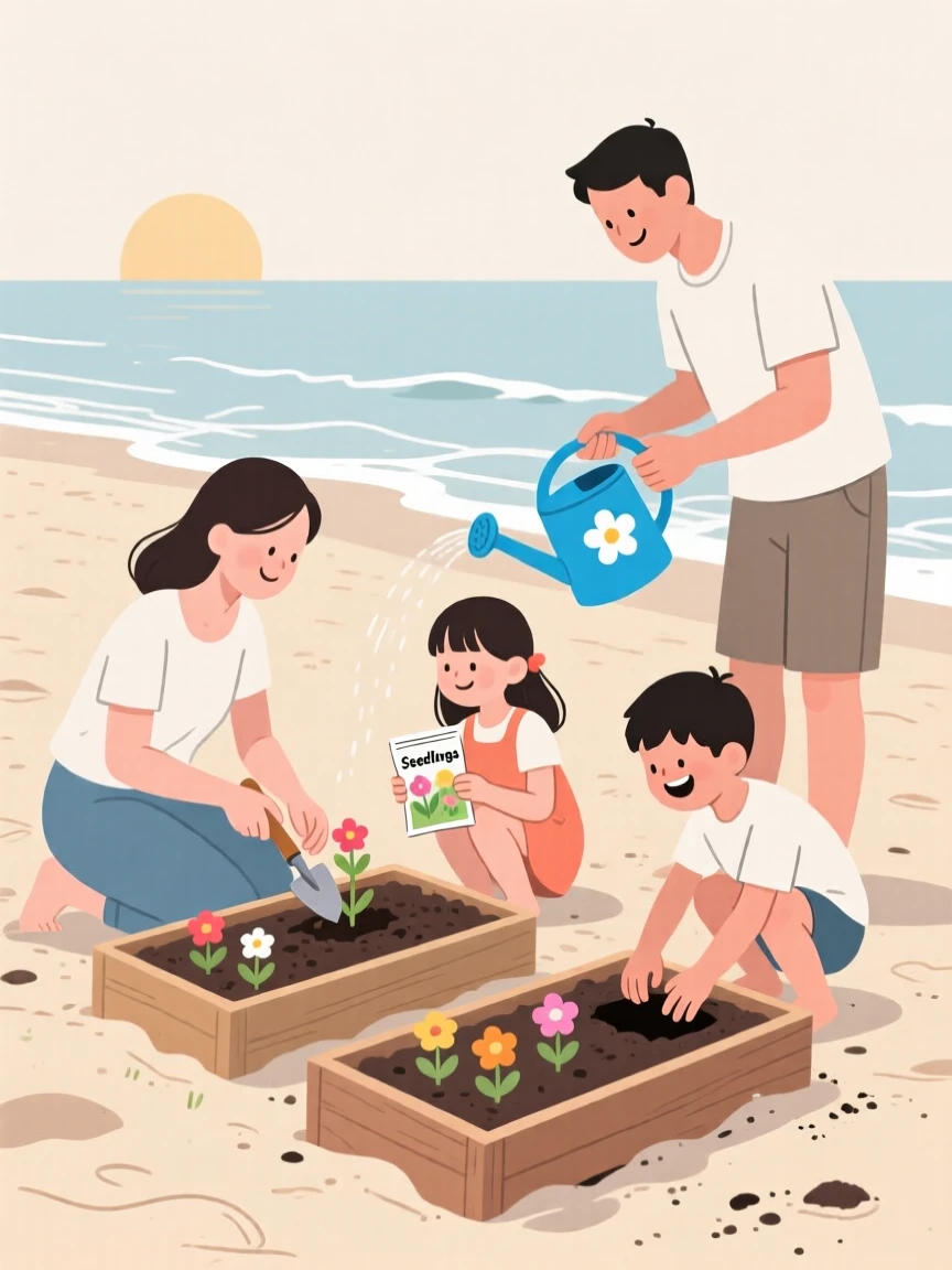 A family gardening together on the beach.