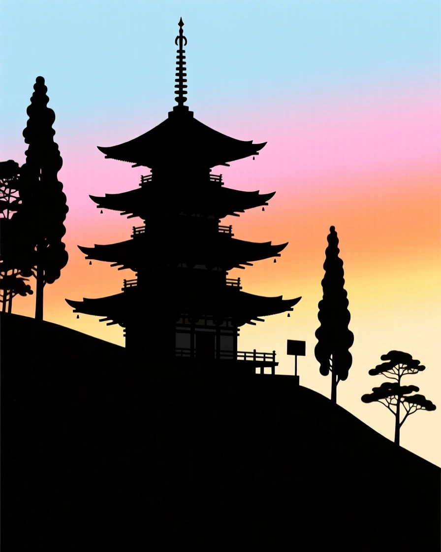 A tiered wooden temple nestled among the trees on a quiet hillside.