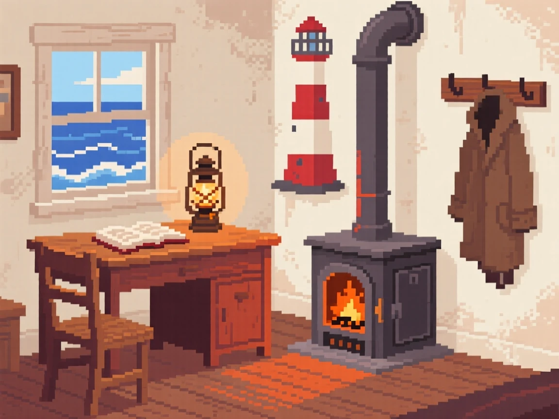 A study desk warmed by a small wood stove nearby, within a lighthouse keeper's living room.