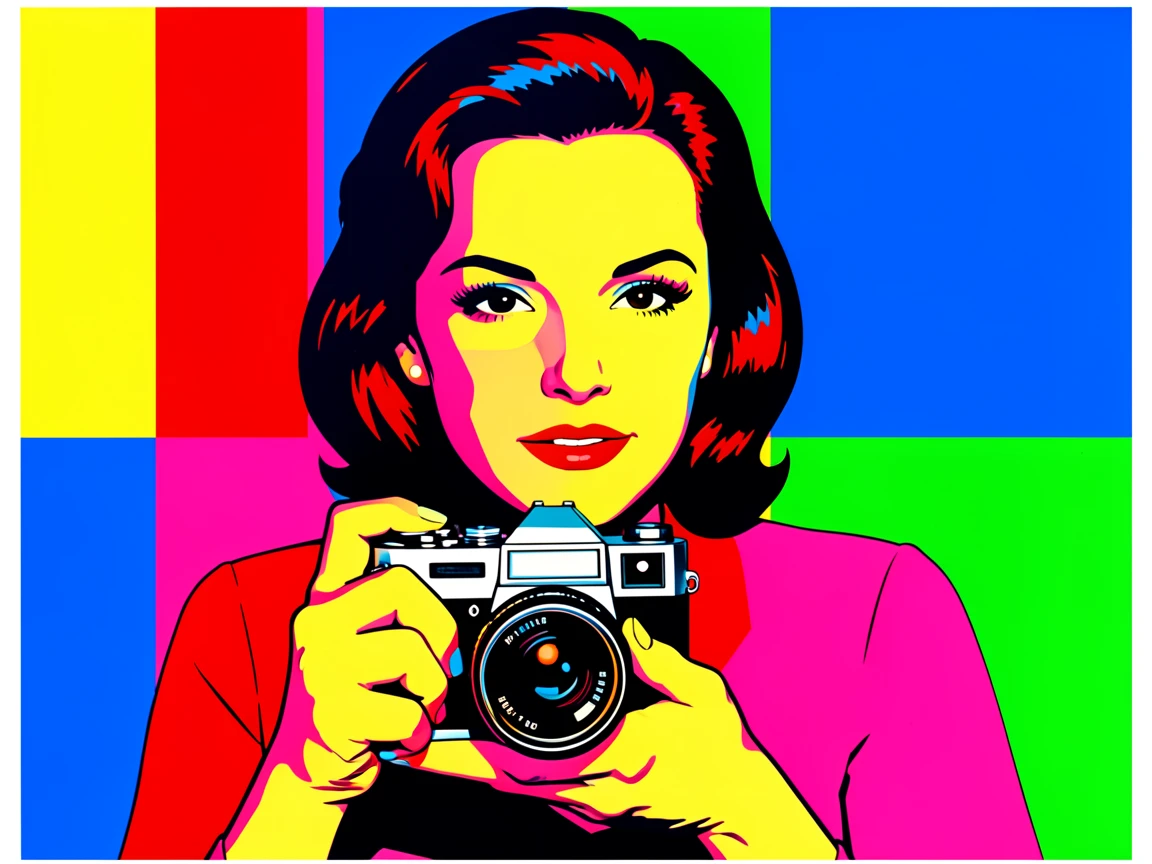 Woman holding a vintage camera taking a photo