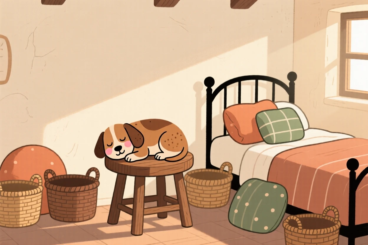 Morning light spills across a cottage bedroom filled with woven baskets and soft cushions, where a old dog naps peacefully on the kitchen stool.