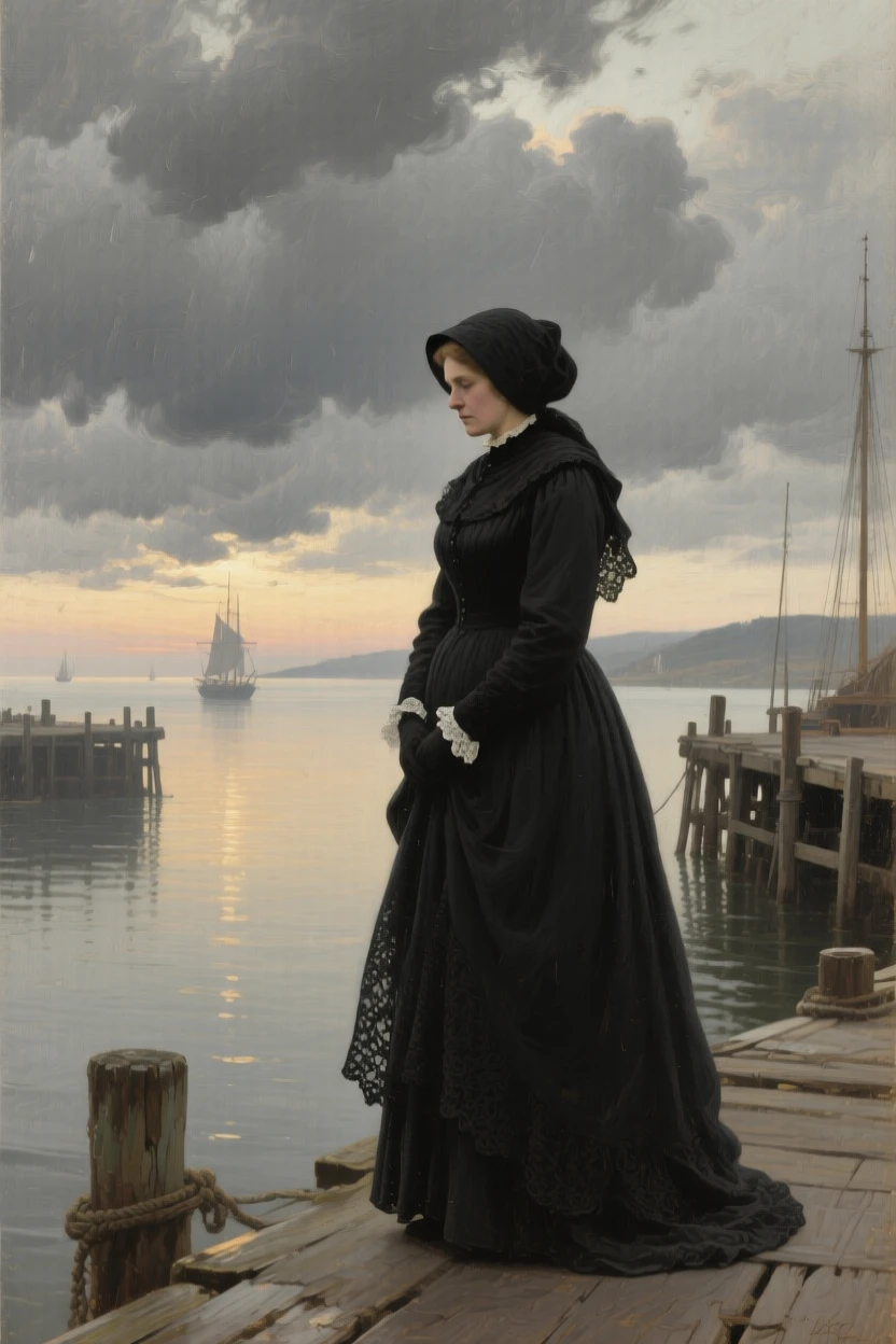 A well-framed scene of a widow standing alone at a quiet harbor, watching the horizon, in early morning light, beneath heavy grey storm clouds.