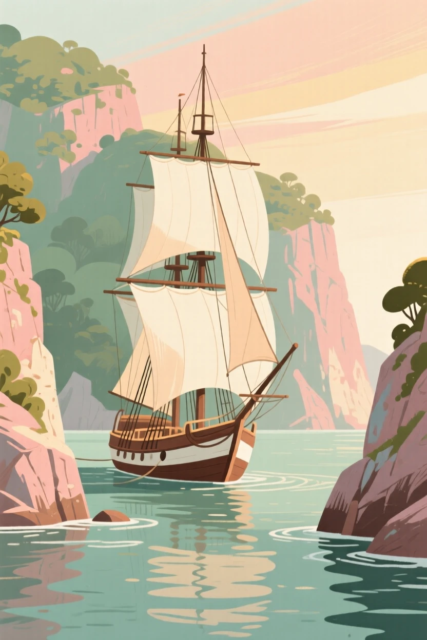 A ship anchored in a hidden cove during a voyage of discovery
