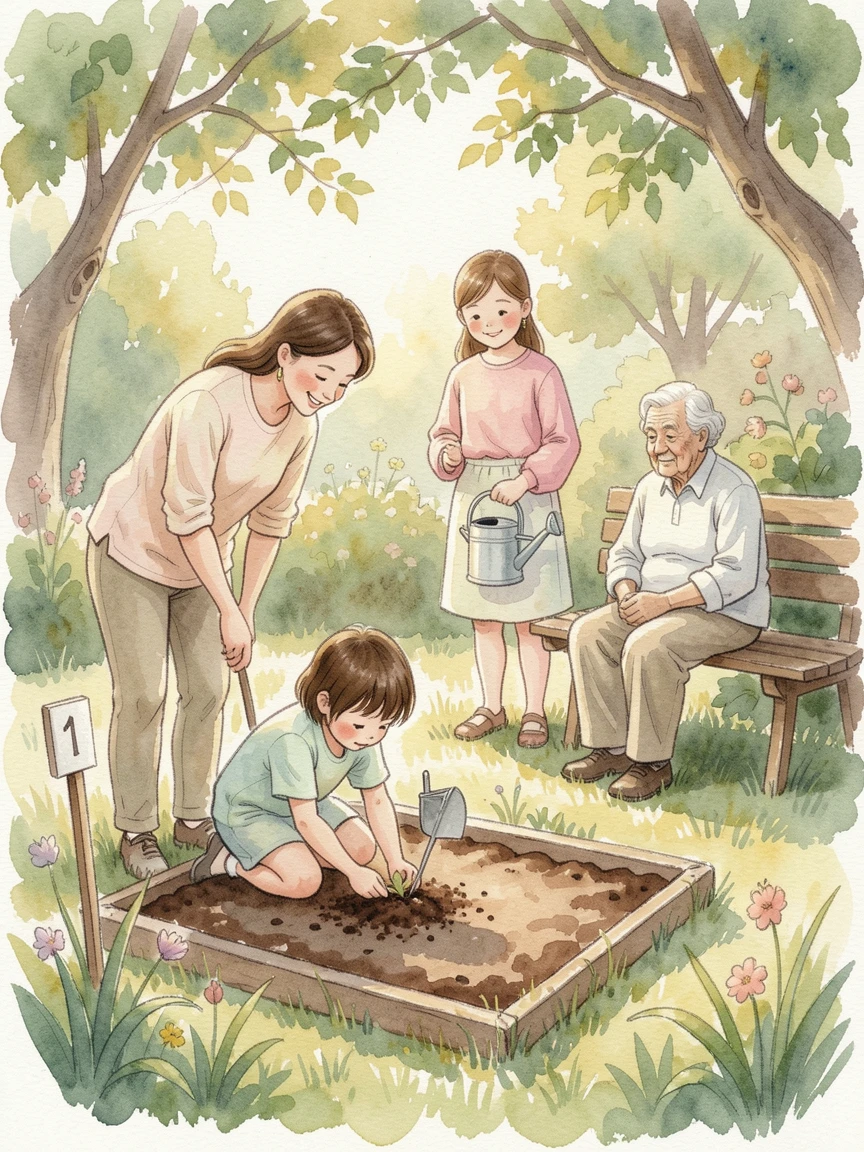A child planting seeds in a small garden bed surrounded by loving family nearby.