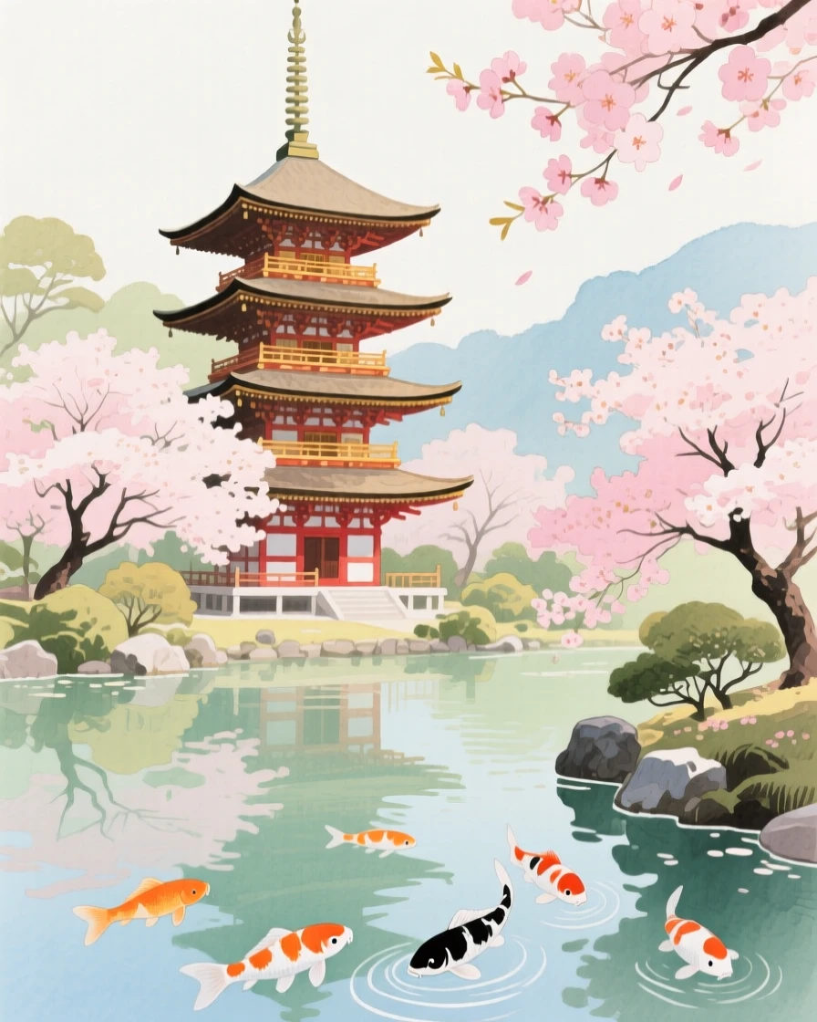 Cherry blossoms frame a traditional pagoda beside a koi pond in a quiet Kyoto garden