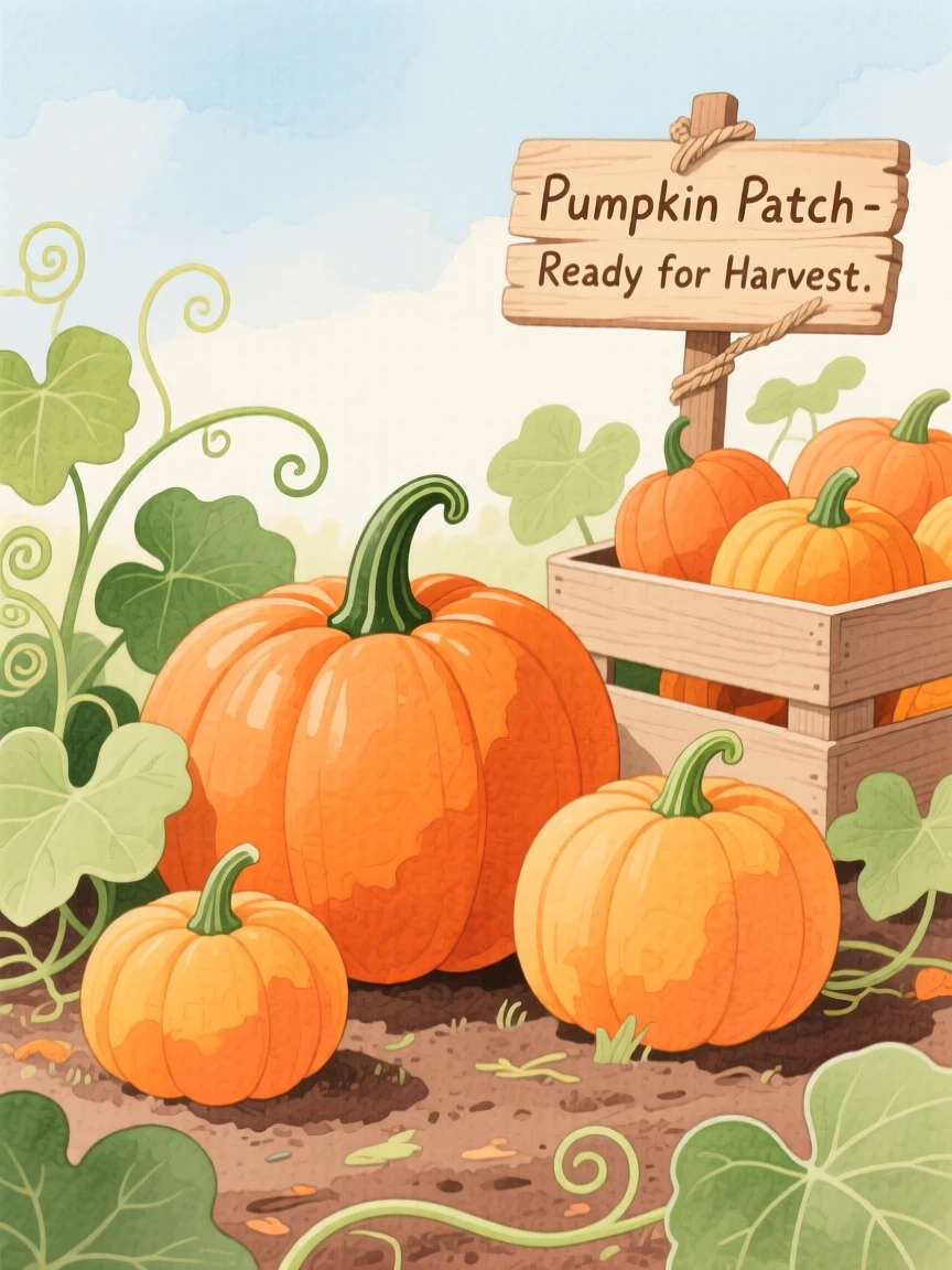 A gentle still-life scene featuring a pumpkin patch ready for harvest.