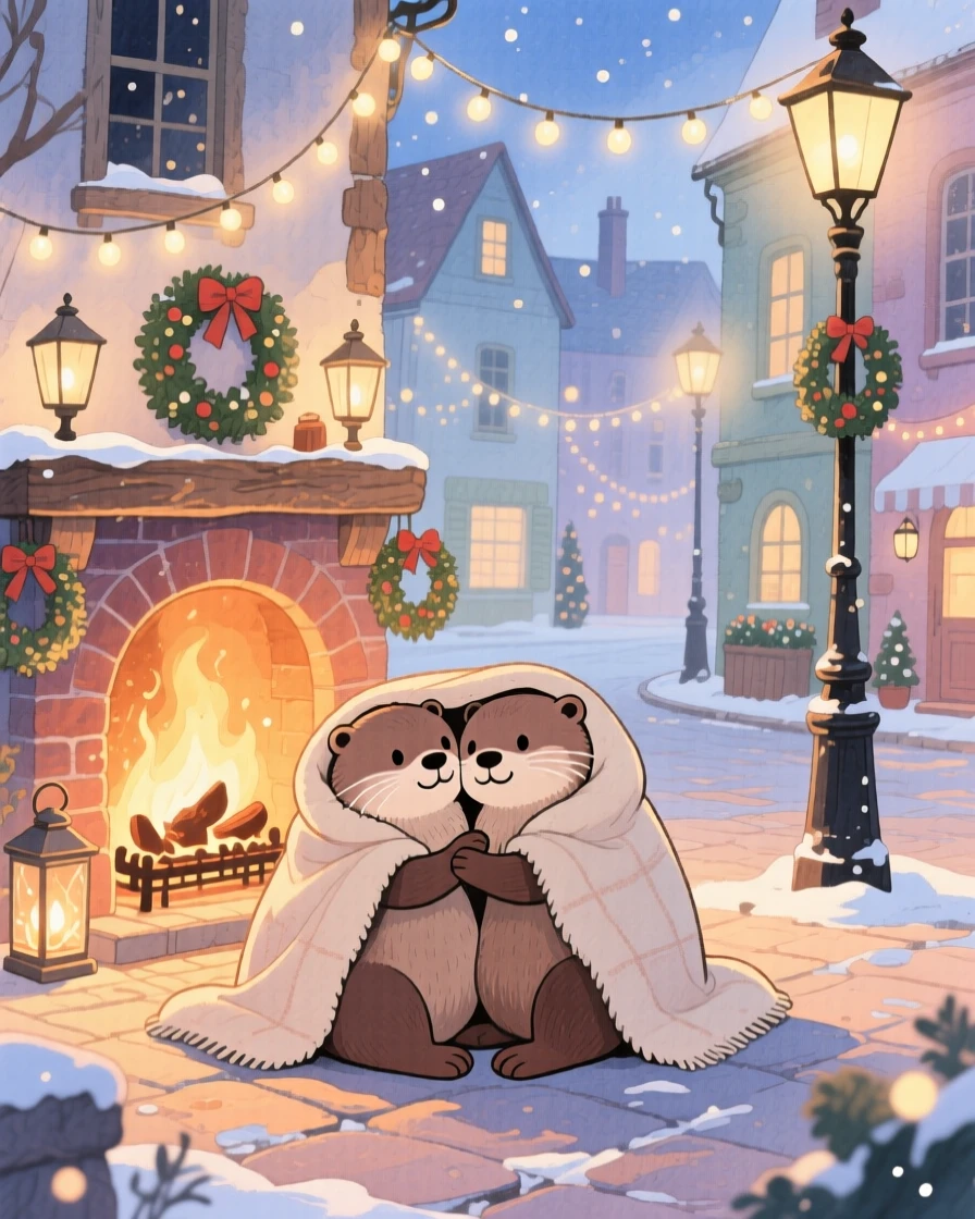 A pair of otters snuggling under a cozy blanket by a fireplace, set in a village square decorated with fairy lights, sparking a feeling of tender nostalgia.