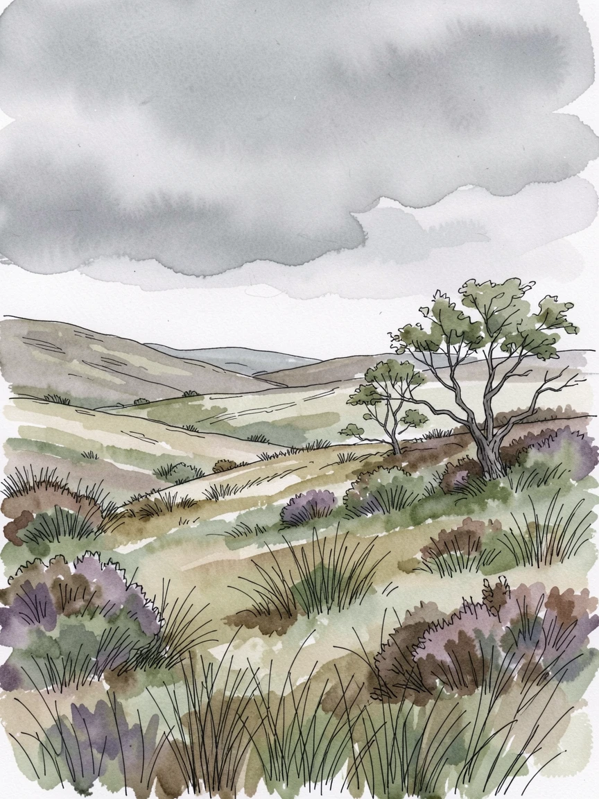 A misty highland moor stretching beneath a brooding grey sky, a gentle breeze rippling through the grass and leaves.