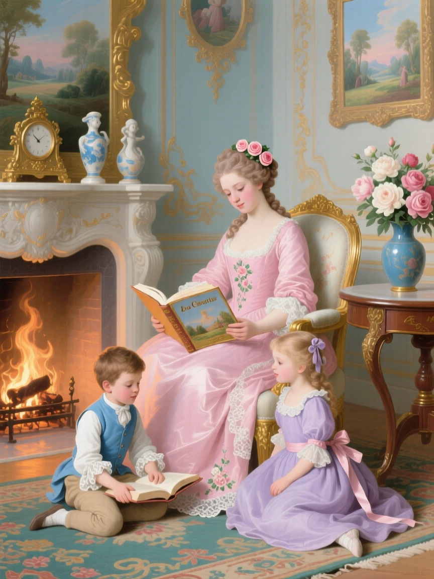 A young mother reading a picture book to two children beside the fire  