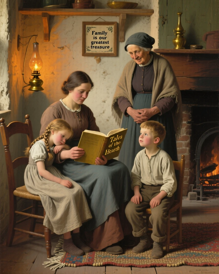 A mother reading a bedtime story to her children under soft lamplight, as an older family member watches on with a proud smile, designed to remind viewers of their own cherished family memories