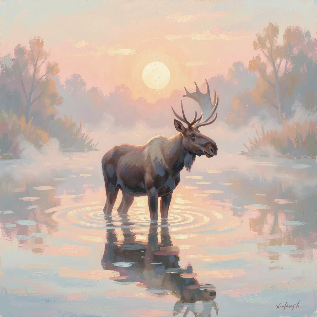 A moose standing knee-deep in a misty lake at dawn, antlers silhouetted against the rising sun.