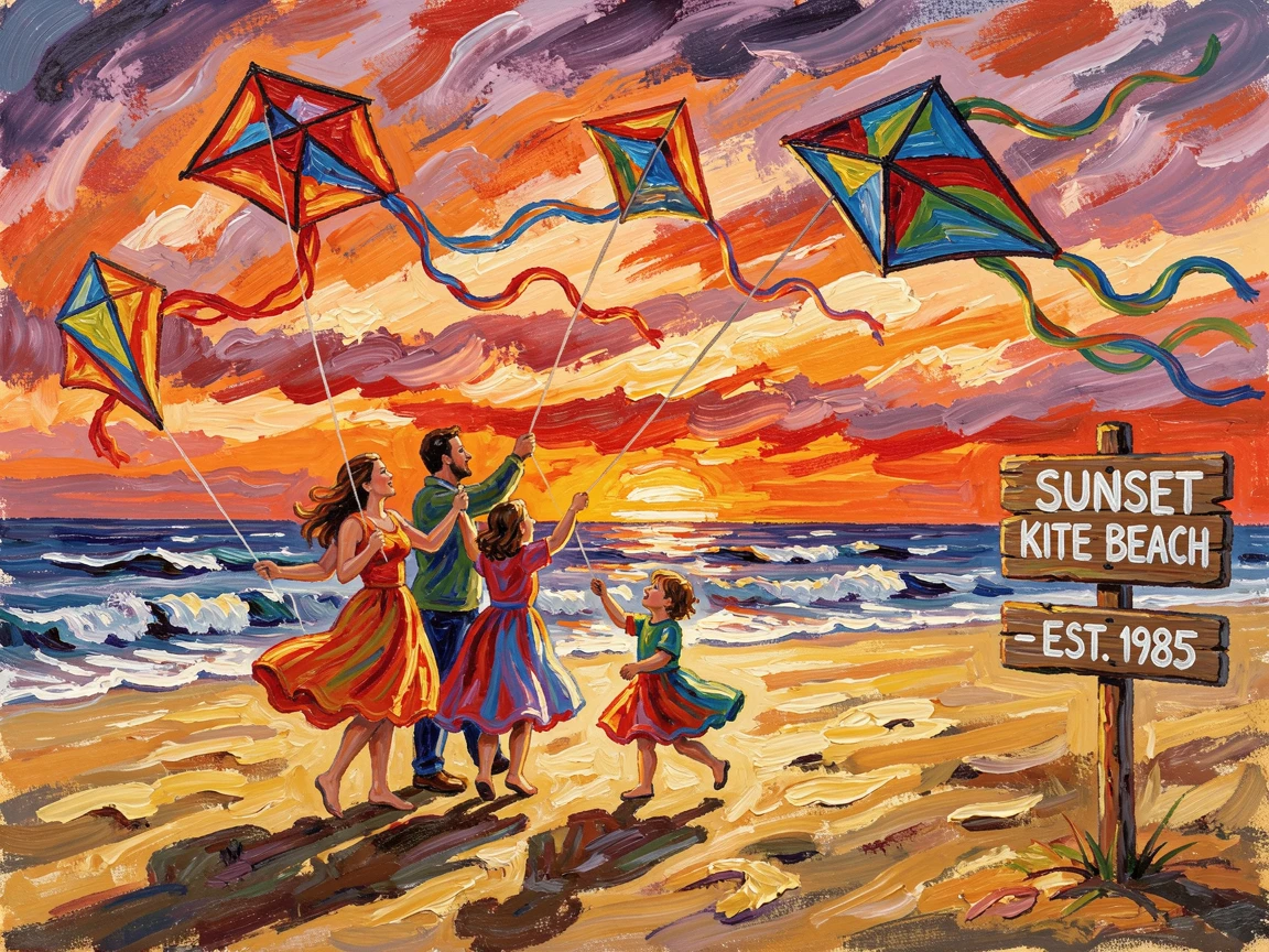 A family flying kites together on a windy beach at sunset.