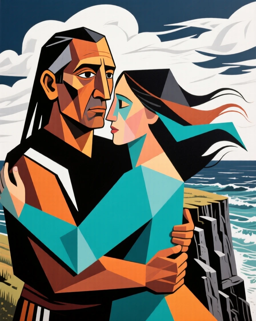 A tender close-up study of a middle-aged man of Native American heritage embracing a loved one with visible relief, on a windswept coastal cliff.