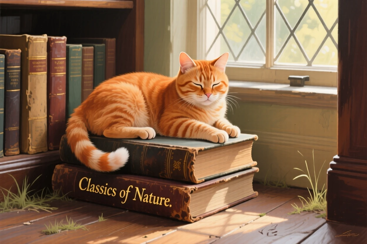 A content orange tabby cat lounges on a stack of old books in a sunlit library nook, tail curled neatly around its paws, small environmental cues, like tracks or disturbed grass, hinting at its recent movement.