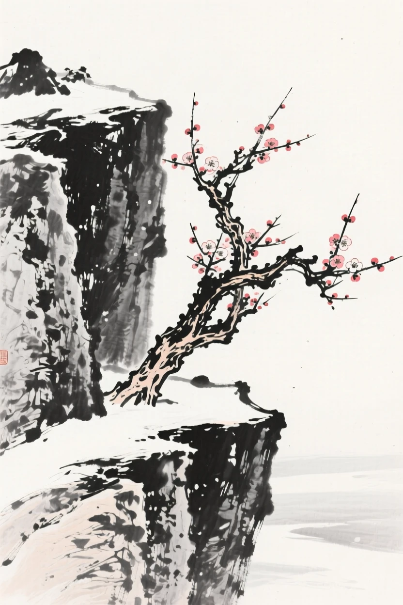 An old plum tree grows from a crack in a rocky cliff, blooming despite the cold, beneath a pale winter sky.