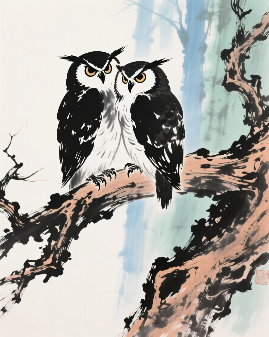 A pair of owls perched together on an old twisted branch, evoking a sense of quiet solitude.