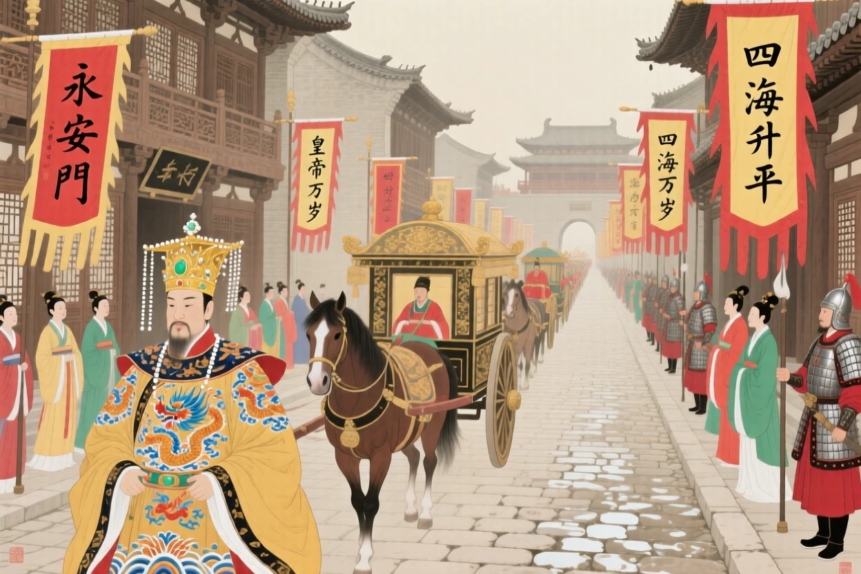 An emperor's procession winding through a city lined with banners