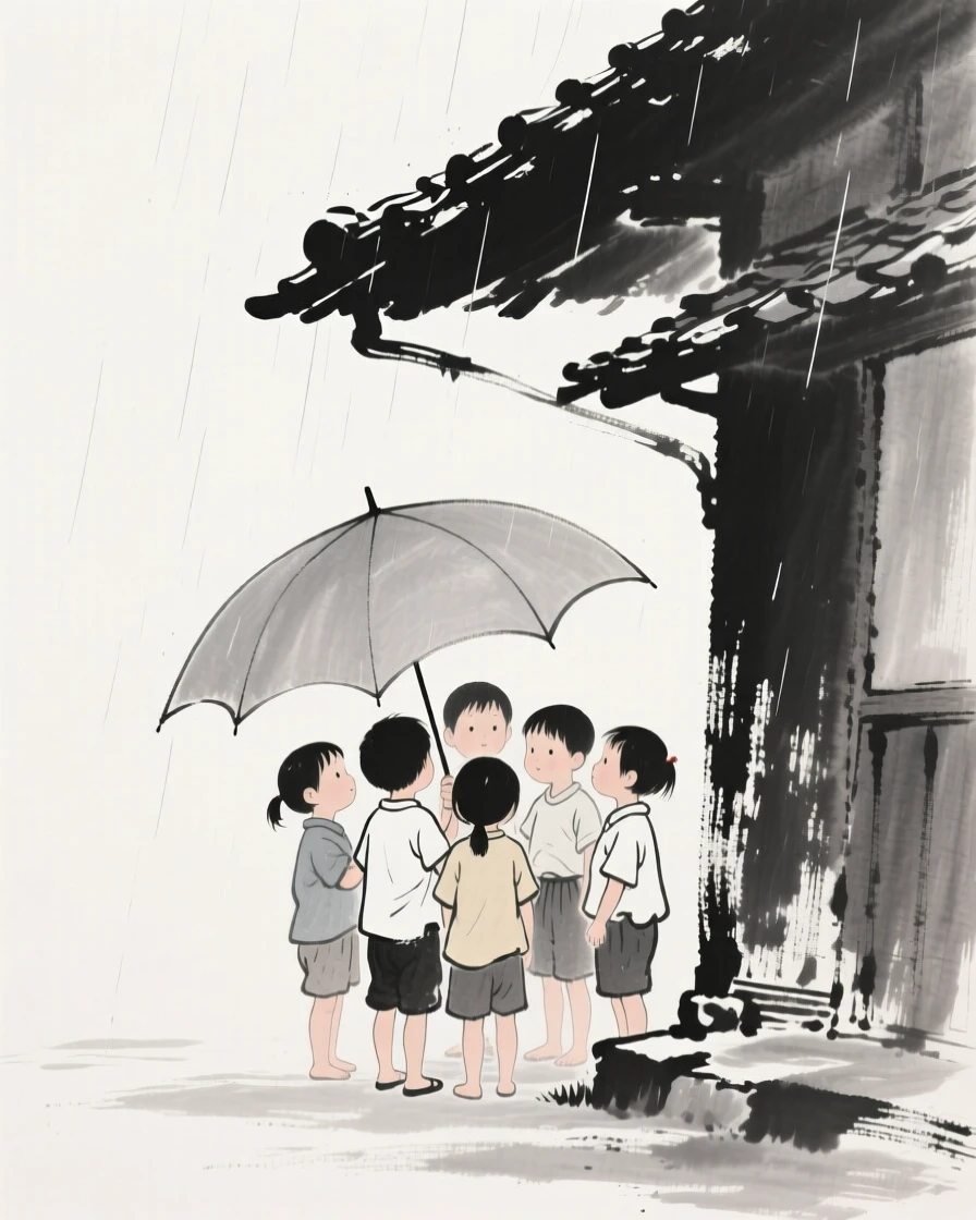 A group of village children sheltering from rain beneath a broad umbrella beneath the eaves of an old farmhouse, composed with soft light falling across the scene, suggesting harmony between people and their surroundings.