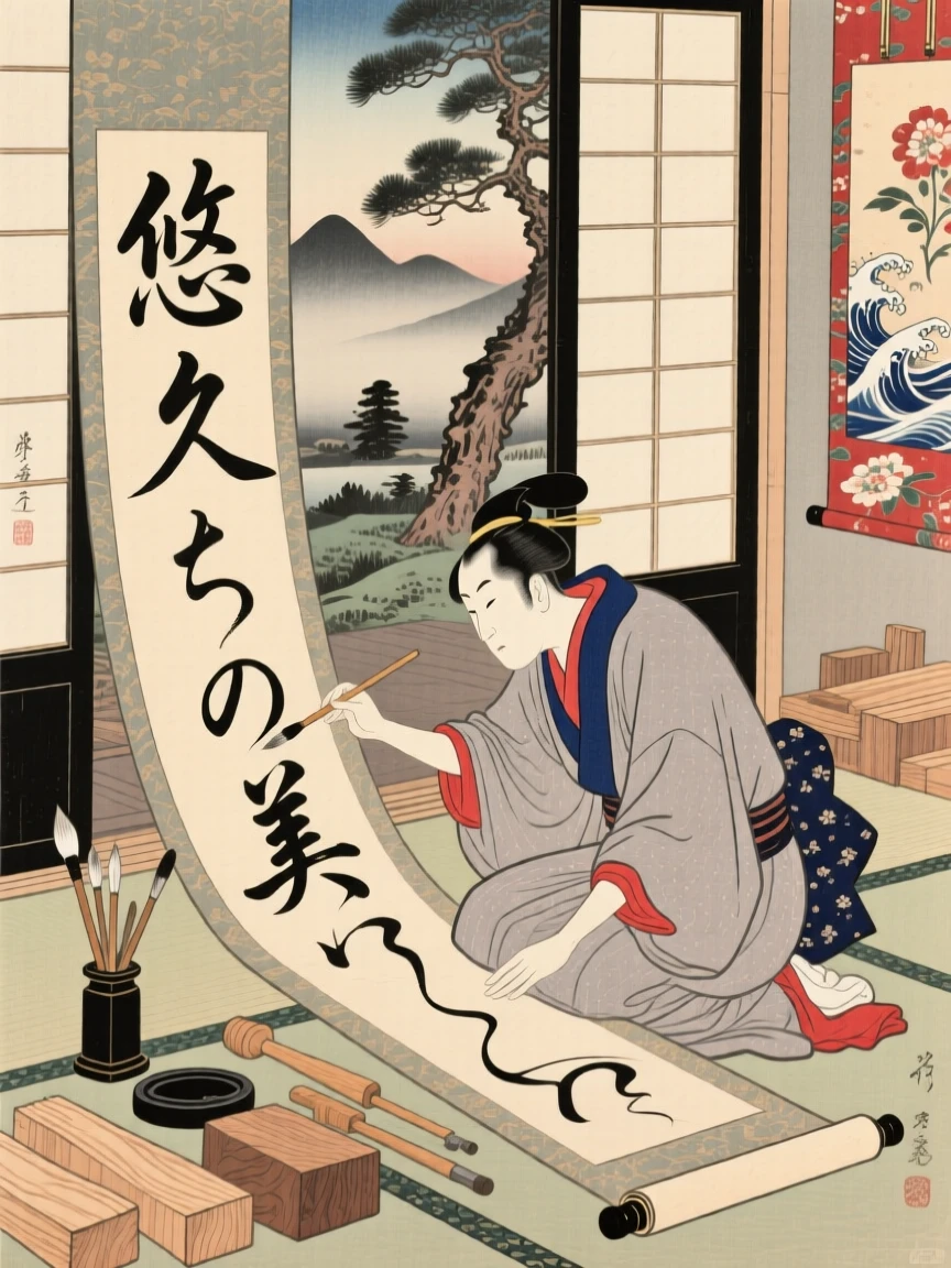 A woodblock carver brushing elegant characters onto a long scroll.