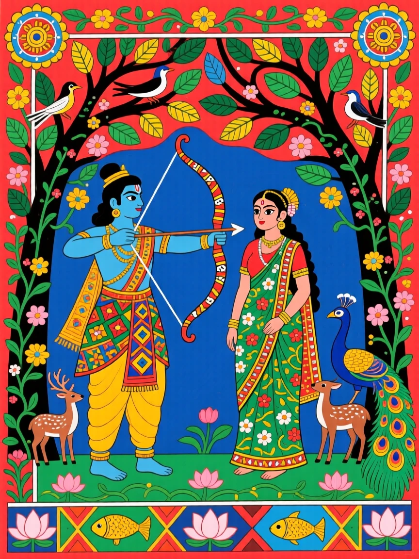 Rama drawing his bow beside Sita beneath a canopy of trees.