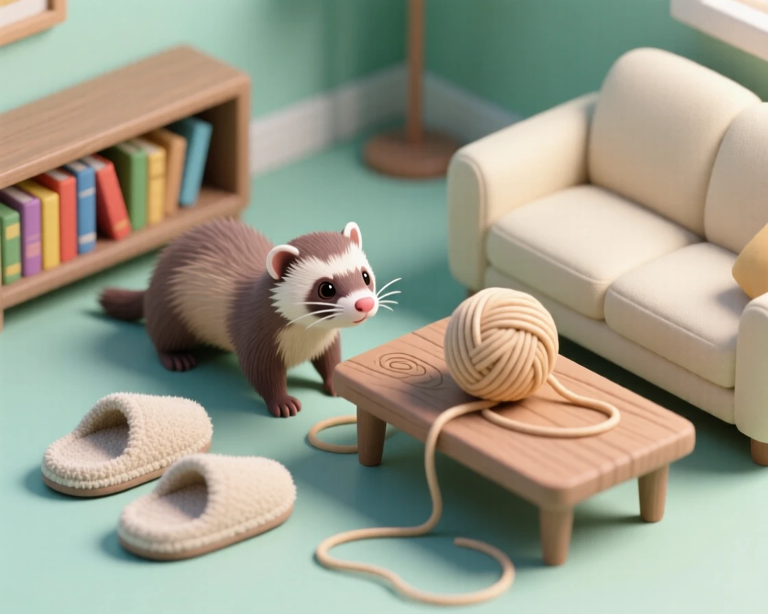 A curious ferret exploring a cozy living room, weaving through slippers and unraveling a ball of yarn.