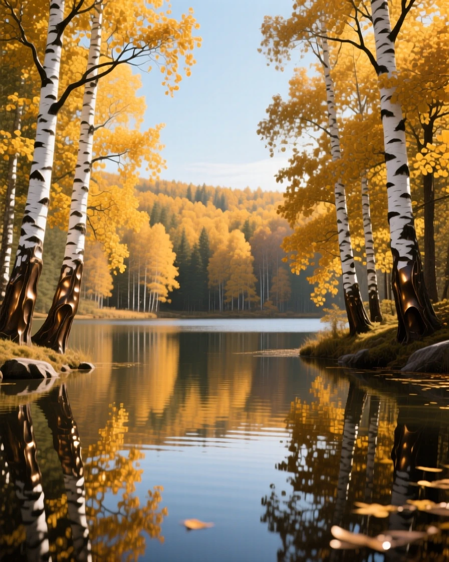 A tranquil autumn lake ringed by golden birch trees, capturing a powerful sense of scale and grandeur, offering a breathtaking sense of place