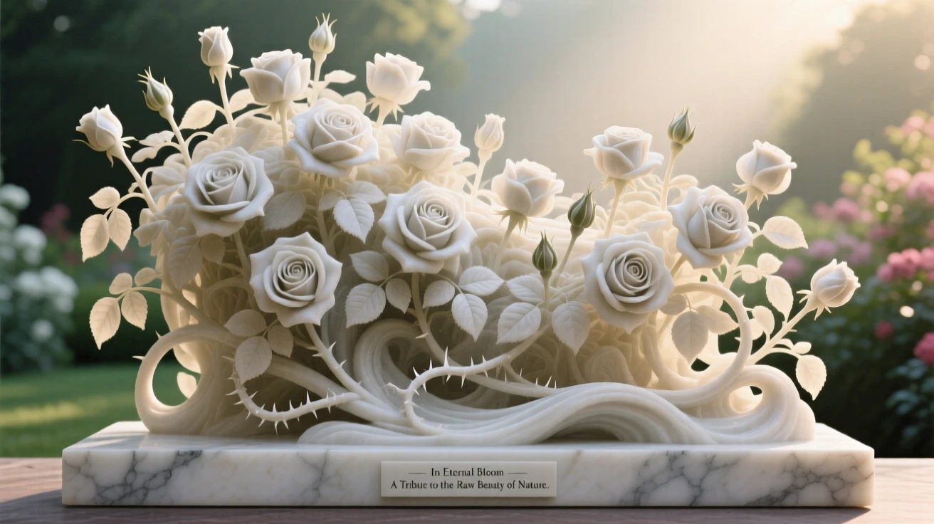 A sweeping, cinematic composition of a rose garden glowing in soft morning light, capturing the raw beauty of the natural world