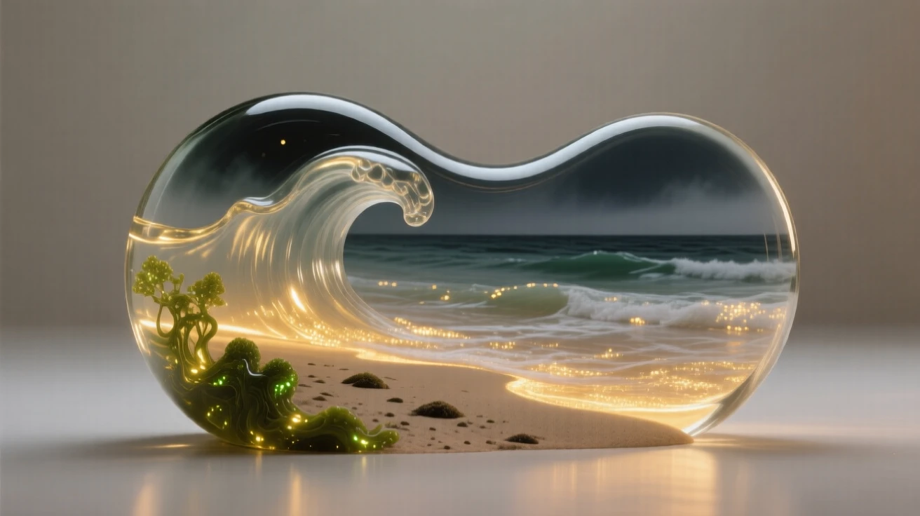 A bioluminescent beach at night, captured in soft golden light with layers of atmospheric depth, evoking peace and quiet grandeur.