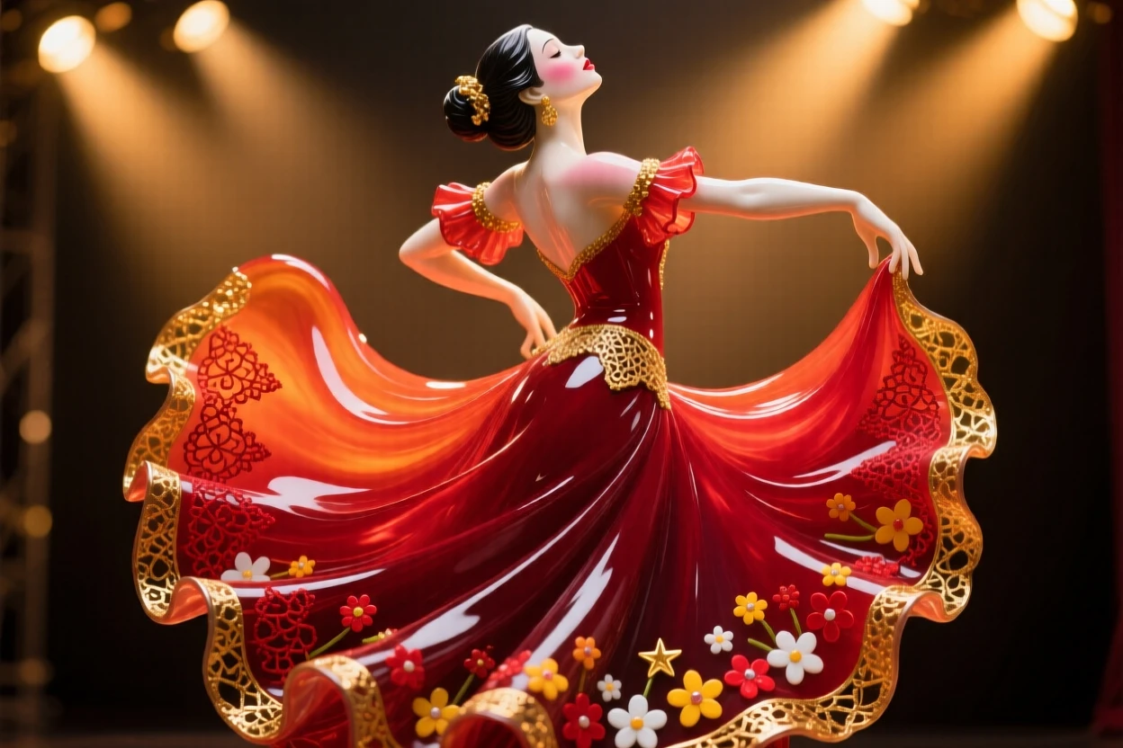 A woman in a flowing red dress dancing flamenco under warm stage lights, passionate and dynamic.