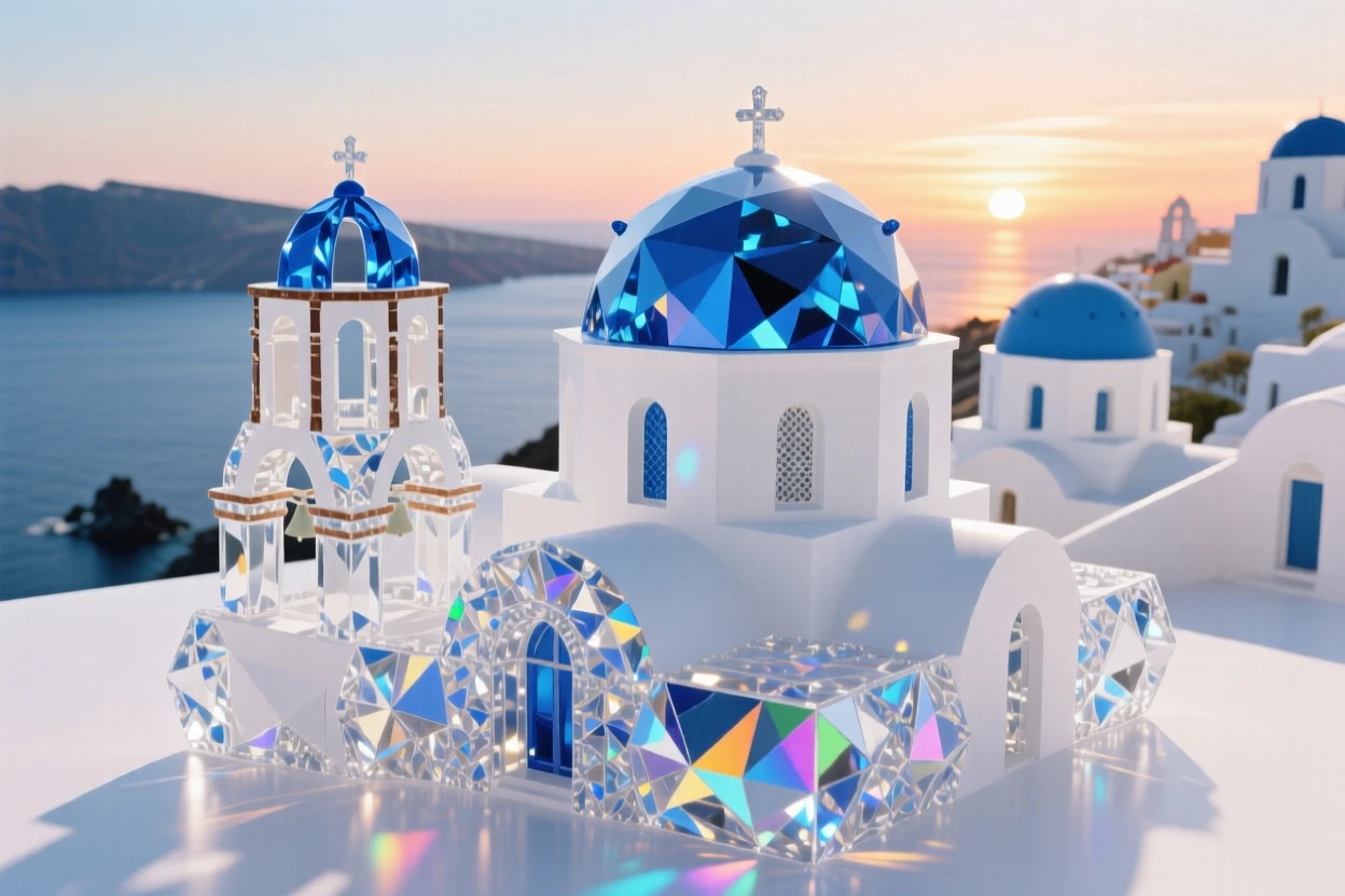 Santorini's white-washed buildings with blue domes overlooking the Aegean Sea at sunset.
