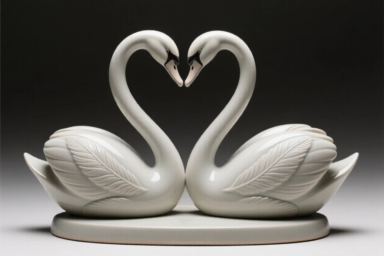 A pair of elegant swans facing each other in a heart shape arranged as an accent piece with quiet sophistication, with an elegant, minimalist silhouette, stirring a sense of understated opulence.
