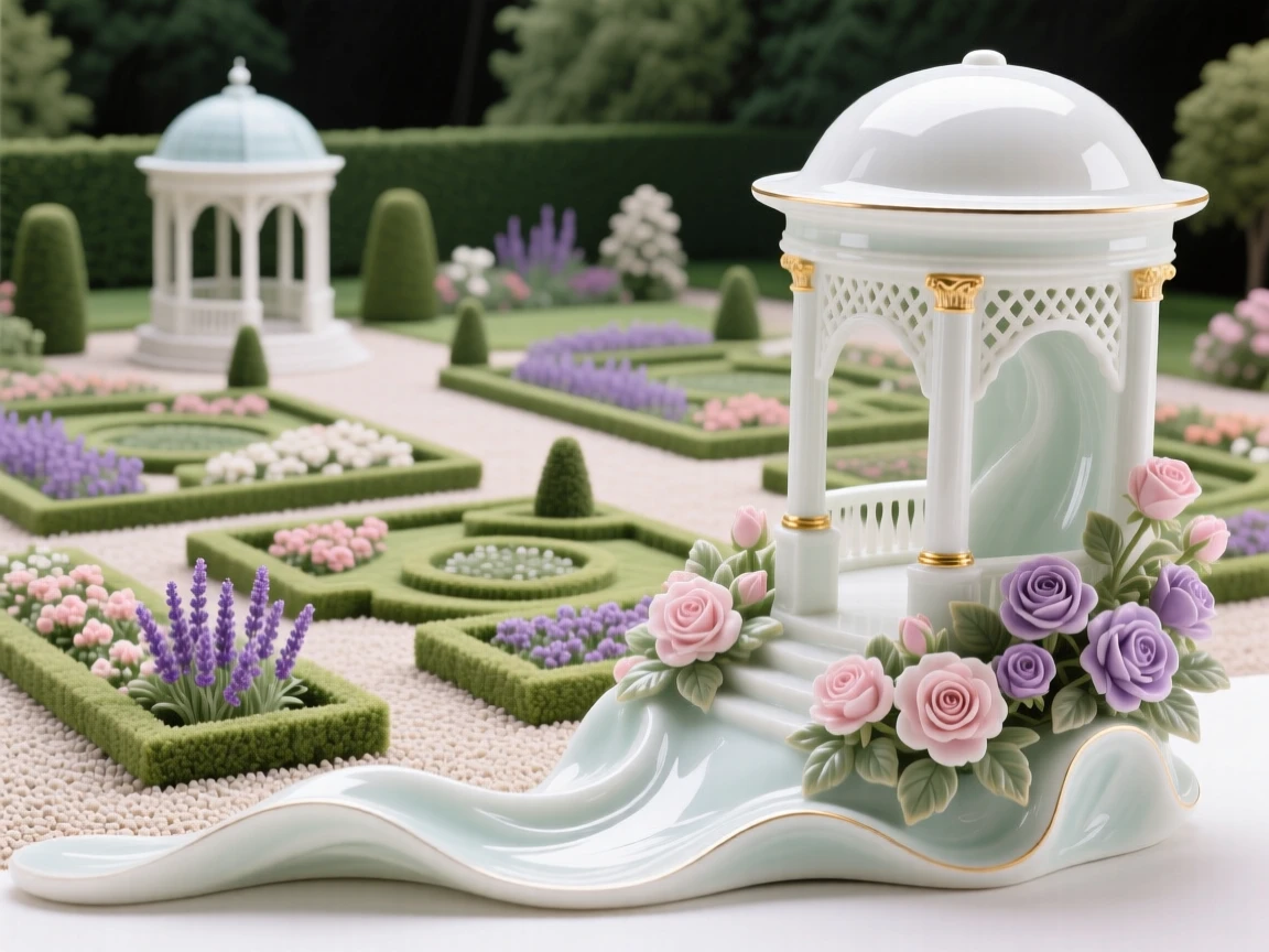 A sprawling French formal garden in full bloom, overlooked by a small garden pavilion.