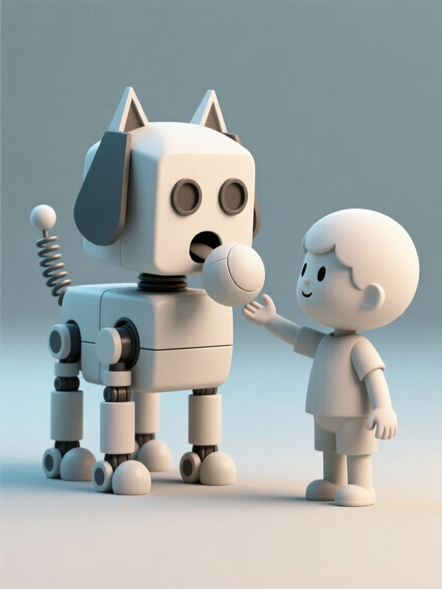 A playful mechanical dog robot wags a spring-loaded tail while fetching a ball for its young owner.